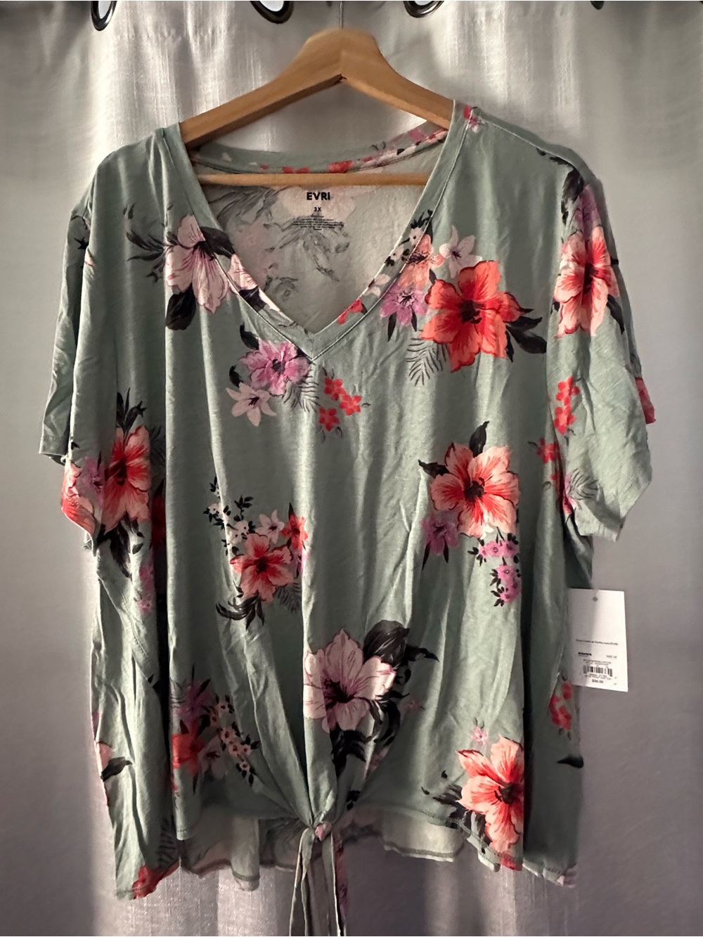 EVRI Sage Floral V‑Neck Tie Front Short Sleeve Top